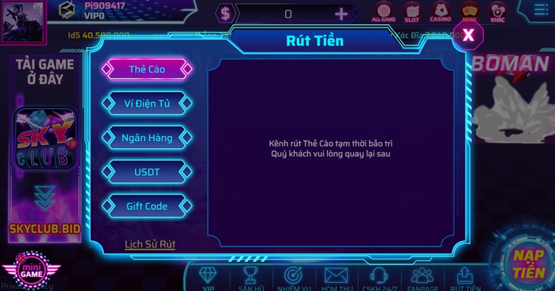 Rút tiền Skyclub