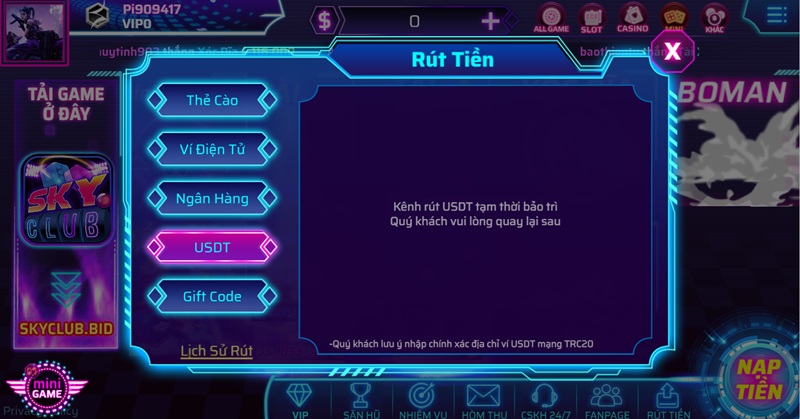 Rút tiền bằng USDT SkyClub