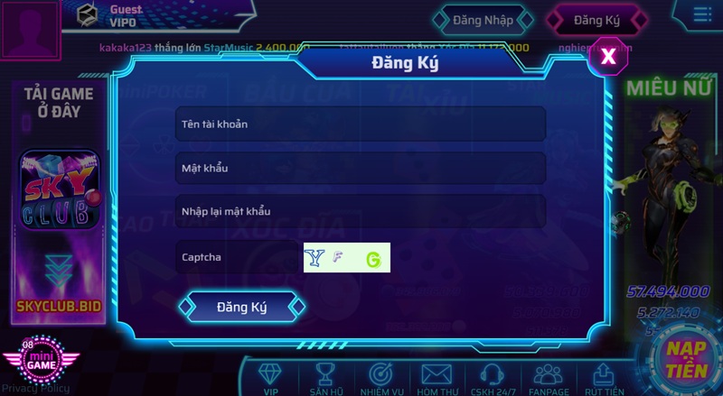 Giao diện đăng ký SkyClub